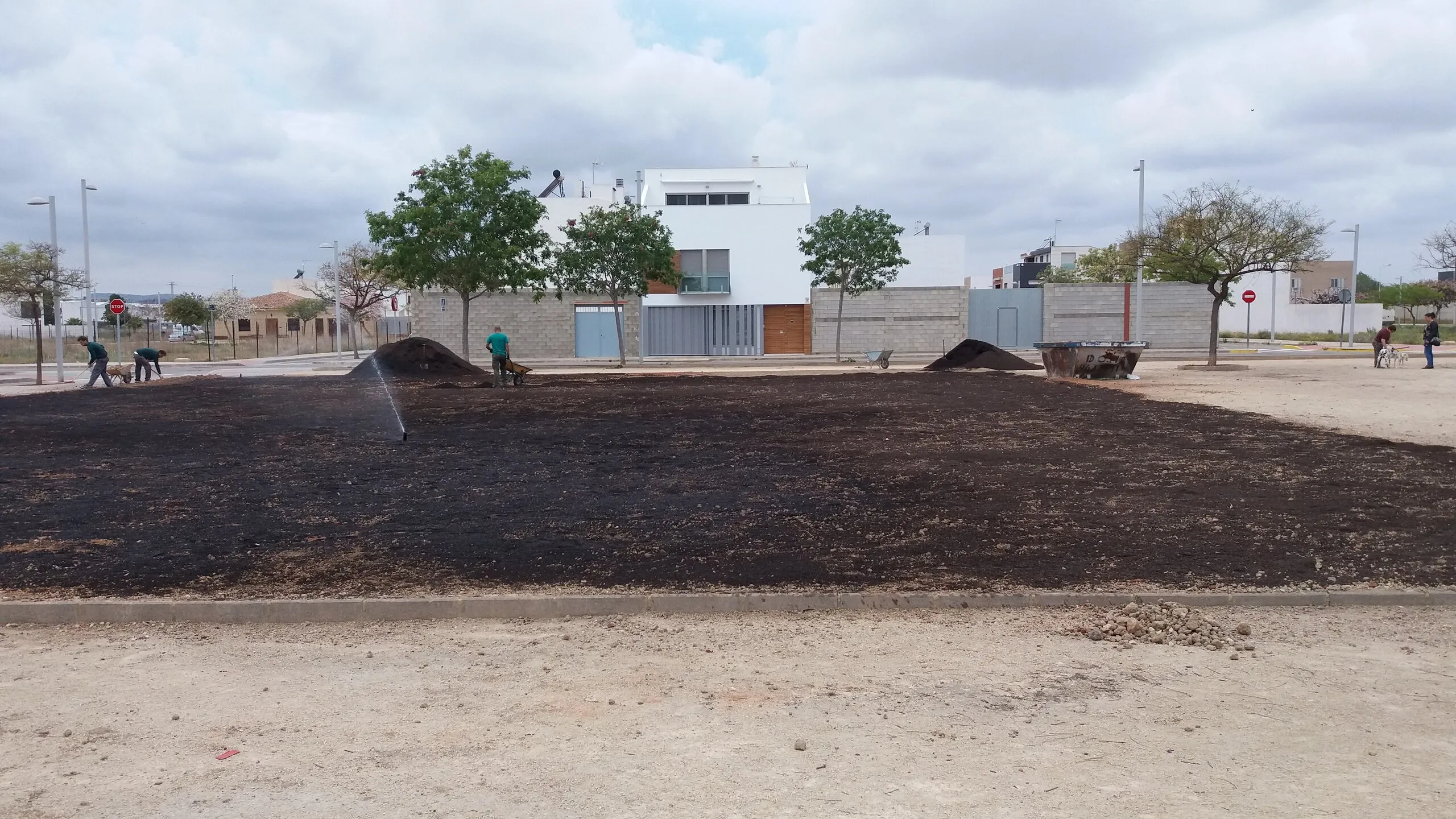 Riego y siembra en una zona verde pública